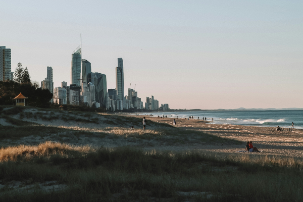 a view of the goldcoast skyline as seen from the beach with JOEY travel